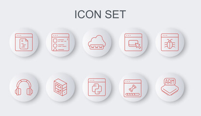 Set line Processor, Headphones, Web development, Loading data window, Software, Browser files, Computer and Python programming language icon. Vector