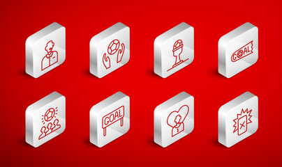 Set line Red card football, Soccer, Award cup and, Goal soccer, Football or player, commentator, and icon. Vector