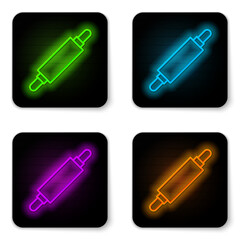 Glowing neon line Rolling pin icon isolated on white background. Black square button. Vector Illustration