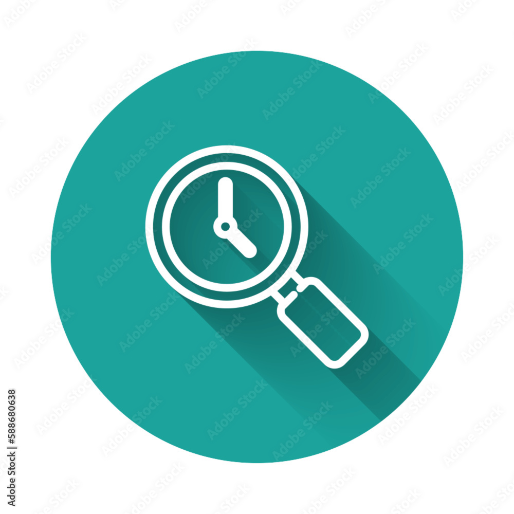 Poster white line magnifying glass with clock icon isolated with long shadow. green circle button. vector
