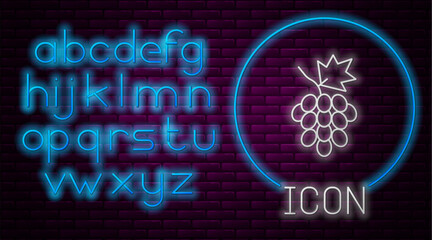 Glowing neon line Grape fruit icon isolated on brick wall background. Neon light alphabet. Vector
