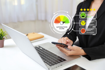Smart customer woman hands pressing on online application screen with excellent 100% meter rating...