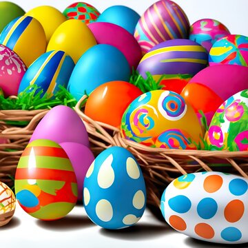 Сolorful Easter eggs in a basket. Generative AI.
