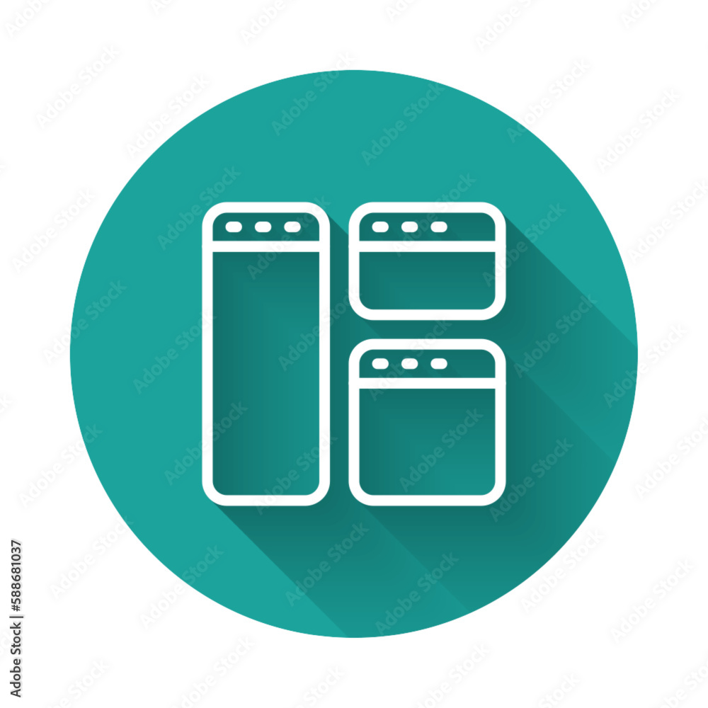 Poster white line browser window icon isolated with long shadow background. green circle button. vector