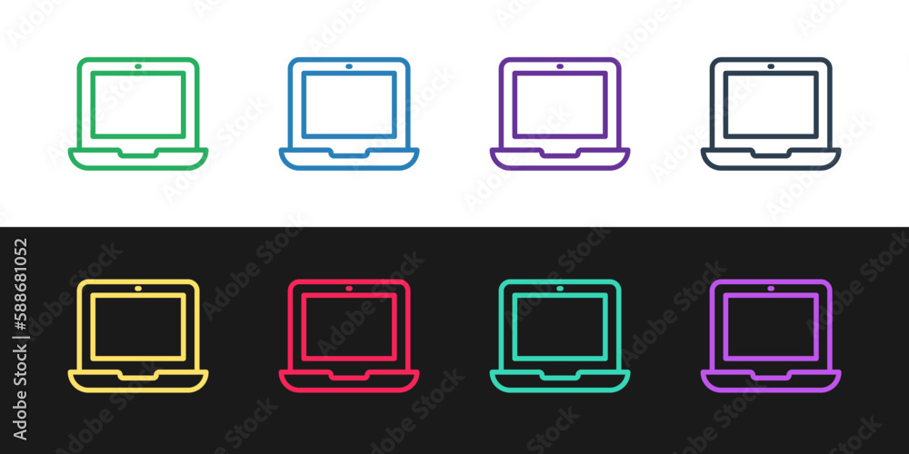 Poster set line laptop icon isolated on black and white background. computer notebook with empty screen sig
