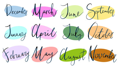 set of simple lettering design elements hand style months years with colorful circles on background for printing and media calendars ballet journal