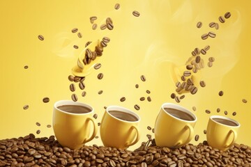 Obraz premium Flying Yellow Coffee Cups and Roasted Beans on Yellow Background