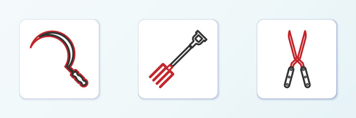 Set line Gardening handmade scissor, Bucket and pitchfork icon. Vector