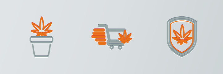 Set line Shield and marijuana, Marijuana plant in pot and Shopping cart with icon. Vector