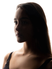 Female beauty. Model face. Facial skin care. Aesthetic cosmetology. Closeup dark backlit portrait silhouette of confident pretty woman on white.