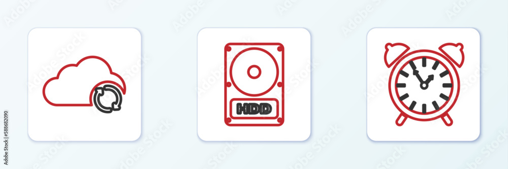 Poster set line alarm clock, cloud sync refresh and hard disk drive hdd icon. vector