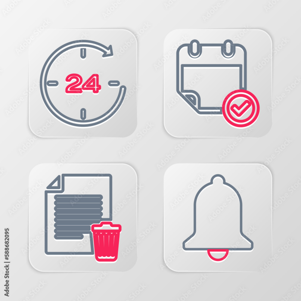 Poster set line ringing bell, delete file document, calendar with check mark and clock 24 hours icon. vecto