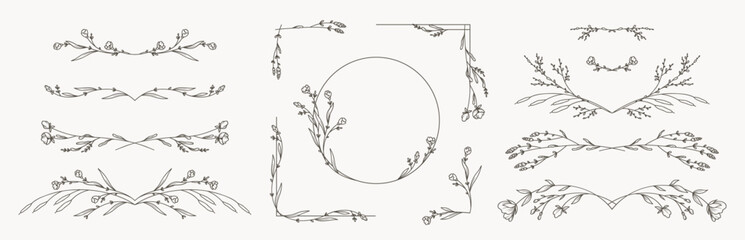 Hand drawn vintage floral borders, frames, dividers, corners with flowers and leaves. Trendy greenery elements in line art style. Vector for label, corporate identity, wedding invitation, card