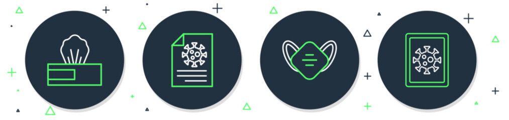 Set line Clipboard with blood test results, Medical protective mask, Wet wipe pack and Virus statistics on monitor icon. Vector