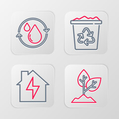 Set line Plant, House and lightning, Recycle bin with recycle and clean aqua icon. Vector