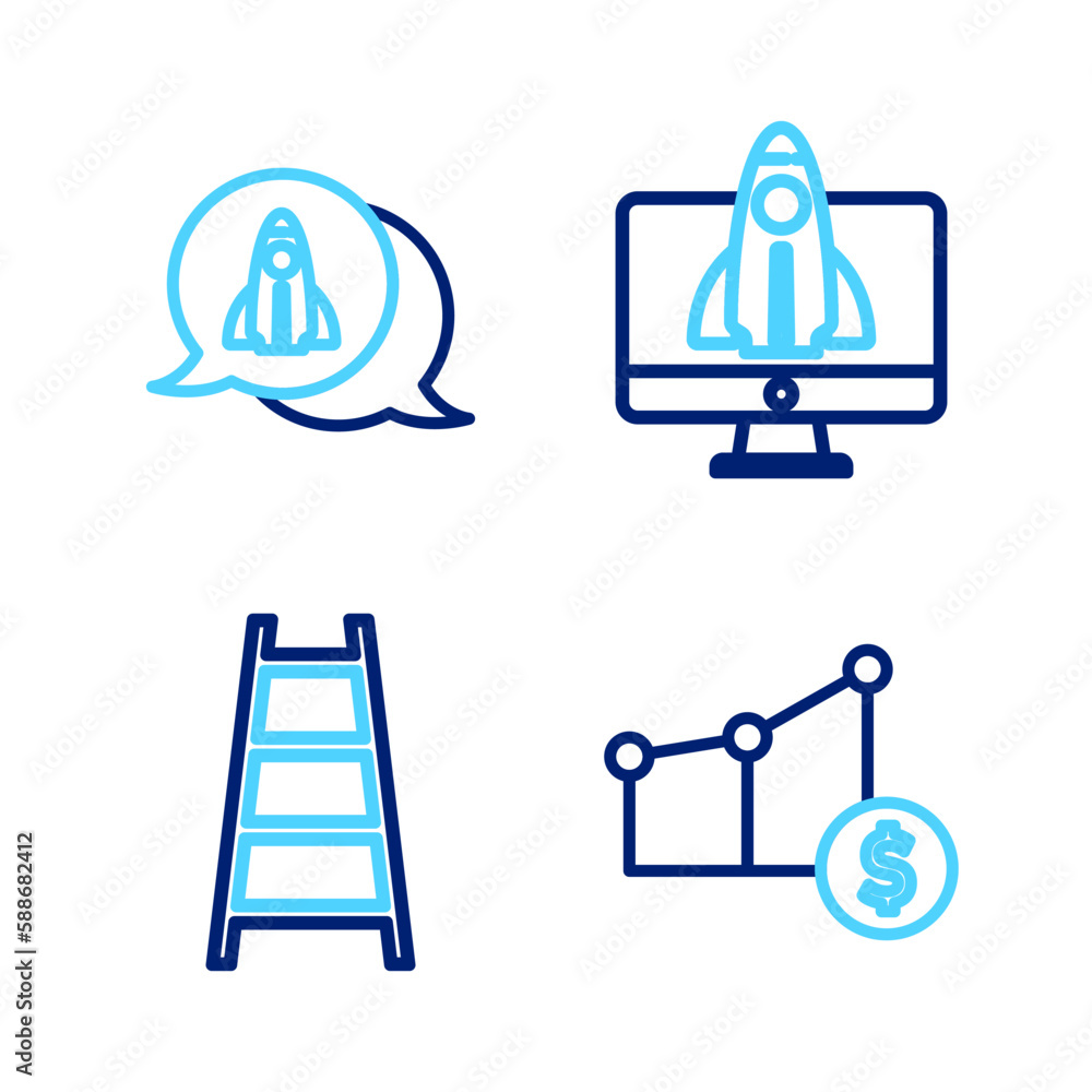 Poster set line pie chart and dollar, stair with finish flag, startup project concept and icon. vector