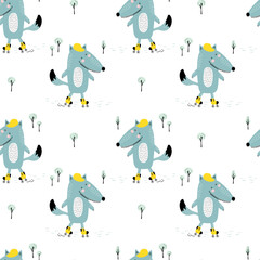 Seamless pattern with cute wolf.  Vector illustration