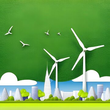 A clean and green city with renewable energy sources like wind turbines