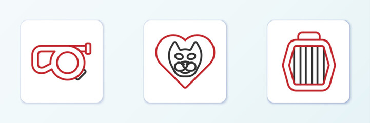 Set line Pet carry case, Retractable cord leash and Heart with cat icon. Vector