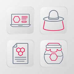 Set line Jar of honey, Honeycomb, Beekeeper with protect hat and online service icon. Vector