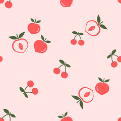 Seamless pattern of peach fruit with green leaves on pink background vector.