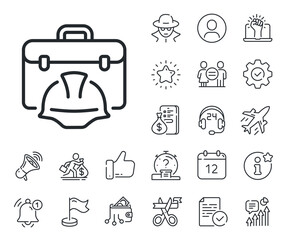 Architect portfolio sign. Salaryman, gender equality and alert bell outline icons. Construction toolbox line icon. Engineer case symbol. Construction toolbox line sign. Vector
