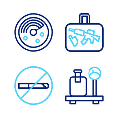 Set line Scale with suitcase, No Smoking, Suitcase and Radar targets on monitor icon. Vector
