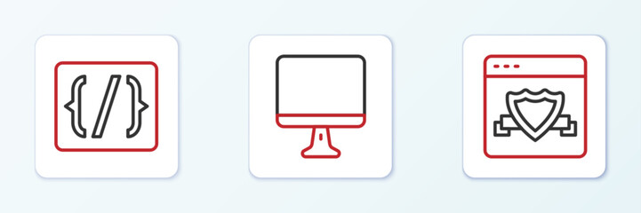 Set line Browser with shield, Programming language syntax and Computer monitor screen icon. Vector