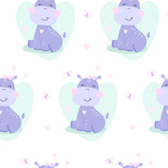 Sealess pattern with cute hippo.  Vector Illustration