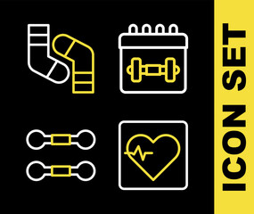 Obraz premium Set line Calendar fitness, Heart rate, Dumbbell and Socks icon. Vector