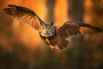 Obraz premium Great Horned Owl in flight with warm summer sunlight