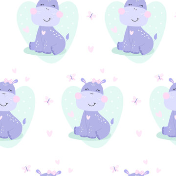 Sealess pattern with cute hippo.  Vector Illustration