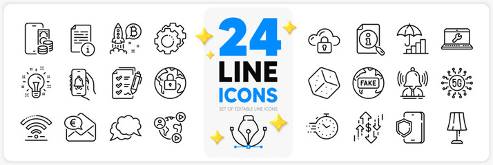 Icons set of Wifi, Settings gears and Dice line icons pack for app with Chat message, Video conference, Table lamp thin outline icon. Lock, Fake news, Phone pay pictogram. 5g technology. Vector