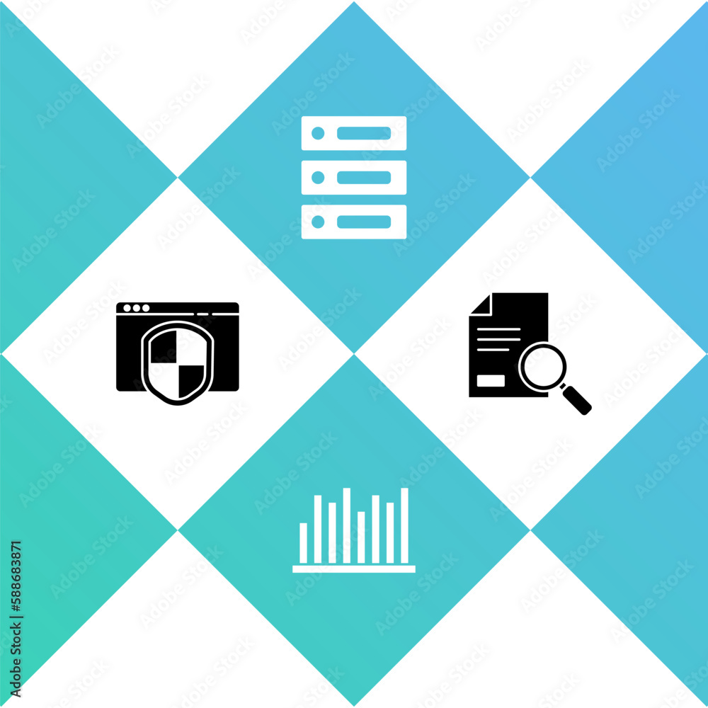 Poster set browser with shield, pie chart infographic, server, data, web hosting and document search icon. 