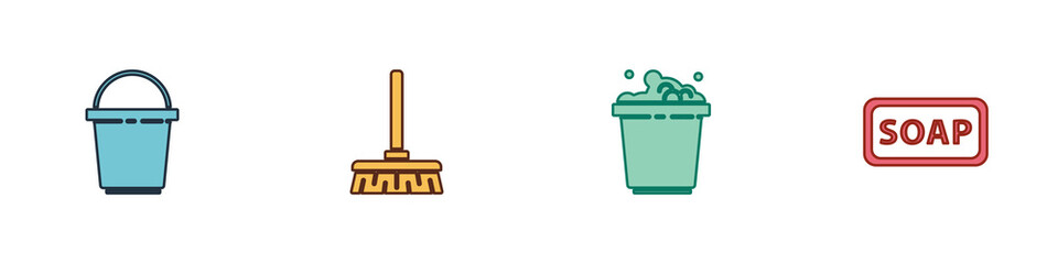 Set Bucket, Handle broom, with soap suds and Bar of icon. Vector