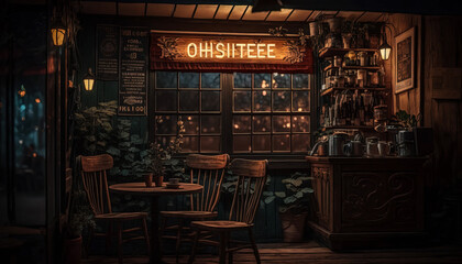 Rustic cafe, wooden furniture with neon lightings. Generative AI
