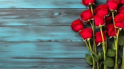 The top view of the red roses is laid out on a blue wooden floor. AI-generated images