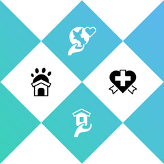 Set Animal shelter house, Shelter for homeless, Hand holding Earth globe and Heart with cross icon. Vector