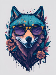 A Wolf head wearing trendy sunglasses. AI generated illustration