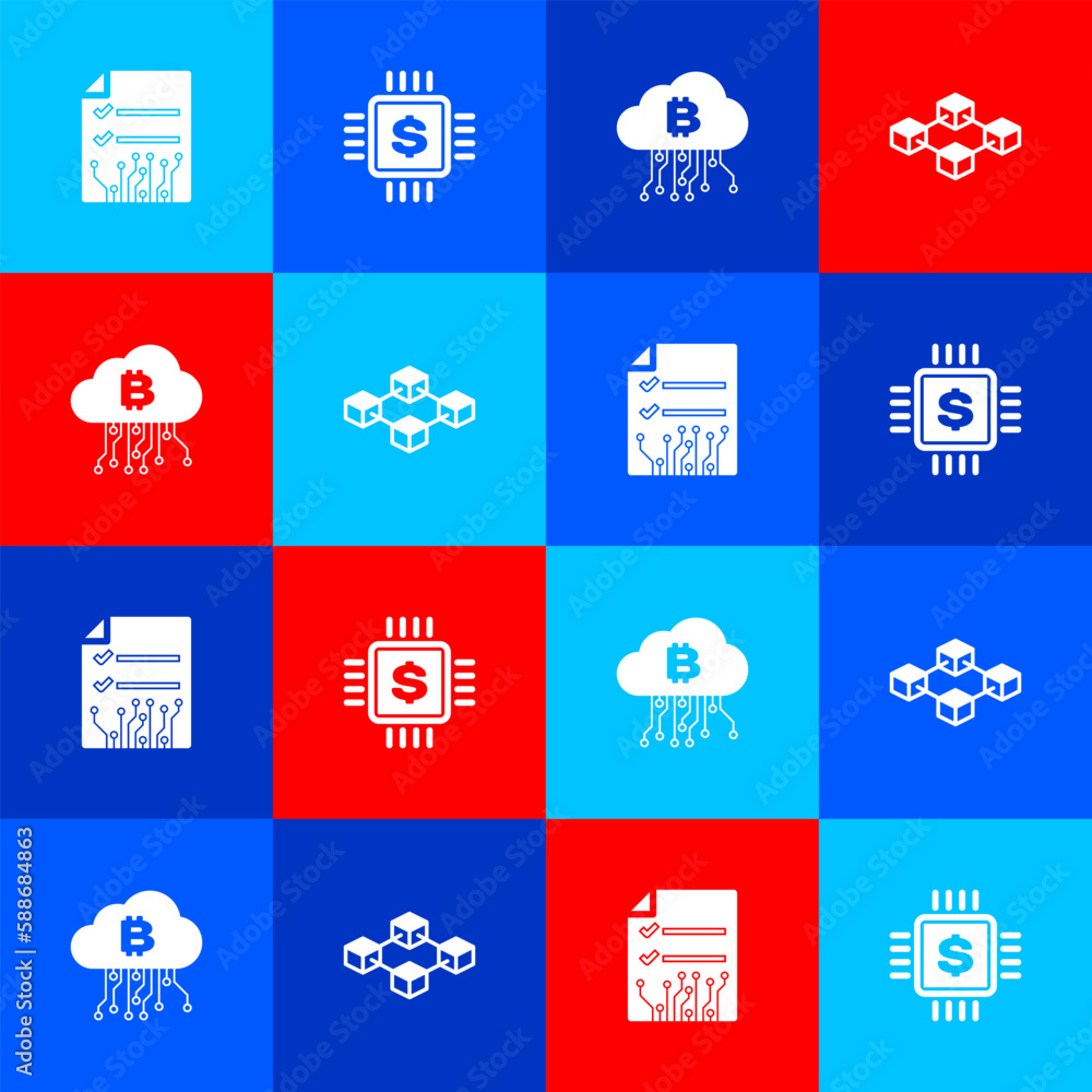 Poster set smart contract, processor chip with dollar, cryptocurrency cloud mining and blockchain technolog