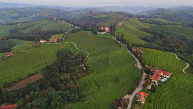 Aerial 4K drone footage of Jeruzalem during the sunrise. Jeruzalem is a small settlement in  the Municipality of Ljutomer in northeastern Slovenia.