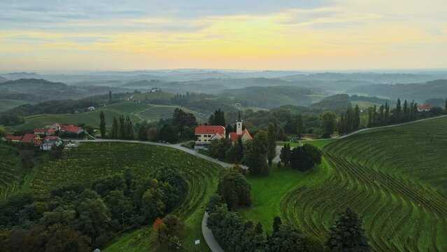 Aerial 4K drone footage of Jeruzalem during the sunrise. Jeruzalem is a small settlement in  the Municipality of Ljutomer in northeastern Slovenia.