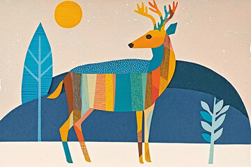 Colorful cute deer, surrealist abstract style illustration animals paint. Generative ai.