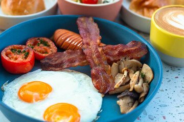 Breakfast fried eggs ham sausage