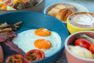 Breakfast fried eggs ham sausage
