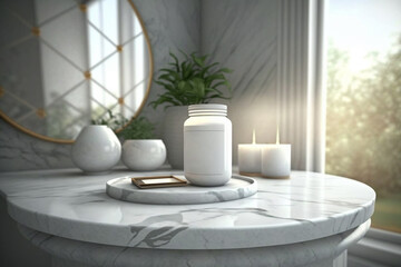 Marble stone table top on blur livingroom interior background