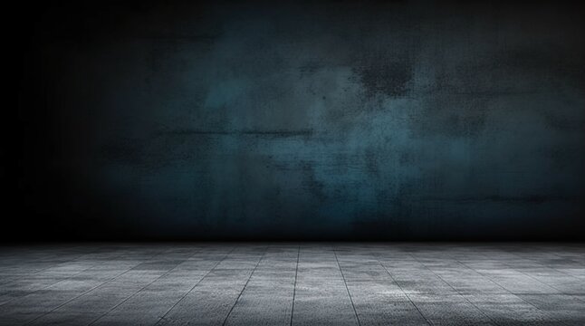 A dark studio backdrop of blue cement floors. AI-generated images