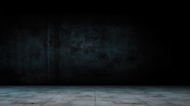 A dark studio backdrop of blue cement floors. AI-generated images