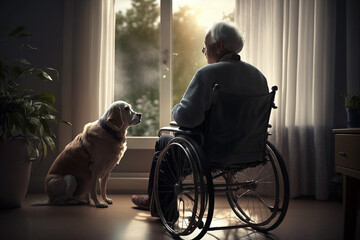 Fototapeta na wymiar Lonely sad elderly man in wheelchair in nursing home with his dog, the friendship of people and animals. Generative AI
