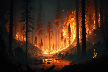 Obraz premium Aerial view of a forest fire - Generative AI